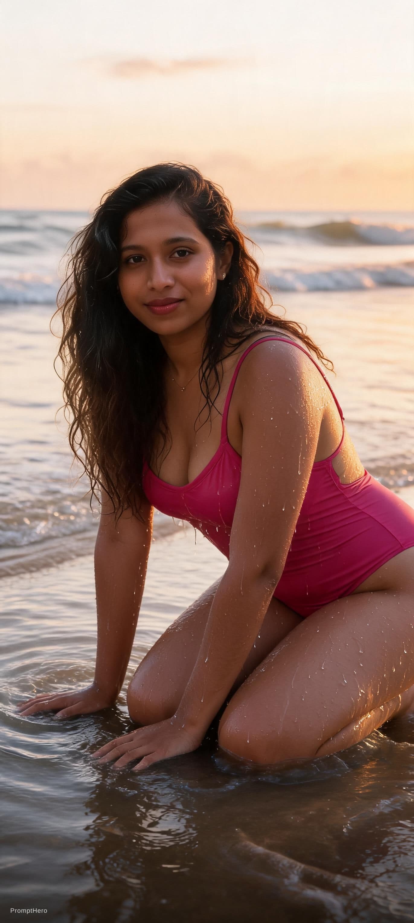 AI generated: A cinematic, photorealistic full-body portrait of a woman kneeling in shallow ocean water at golden ...