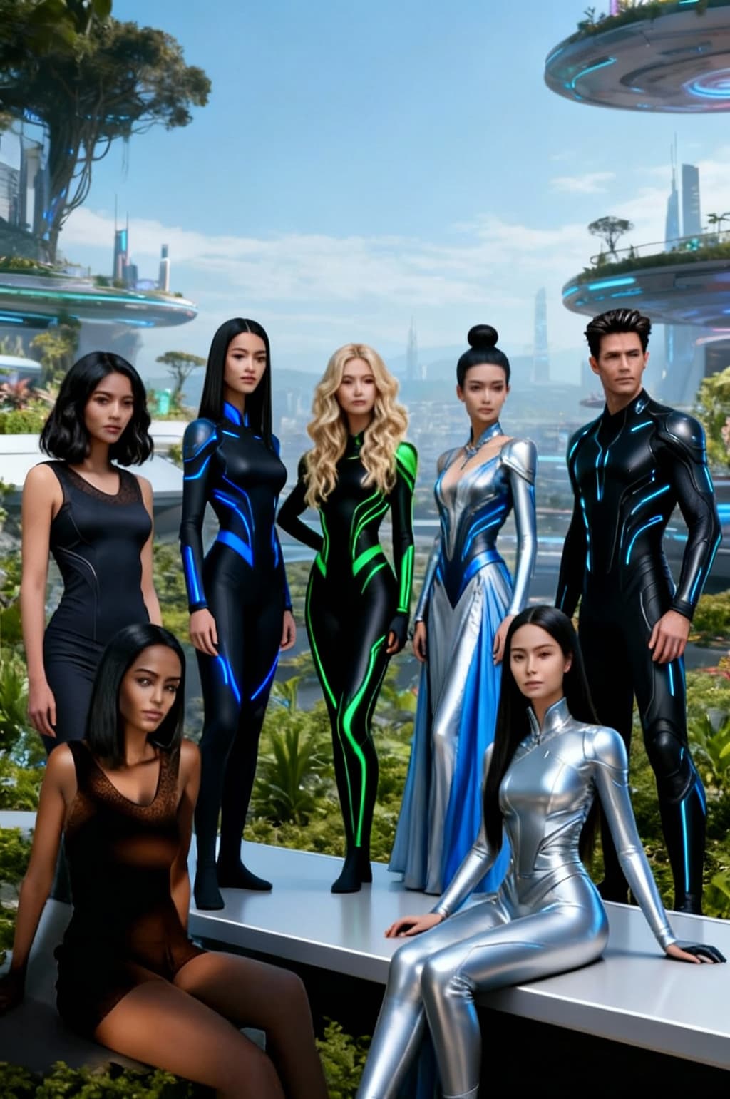AI generated: Create an image with all six characters together. Change background, clothing, hairstyles, and poses...
