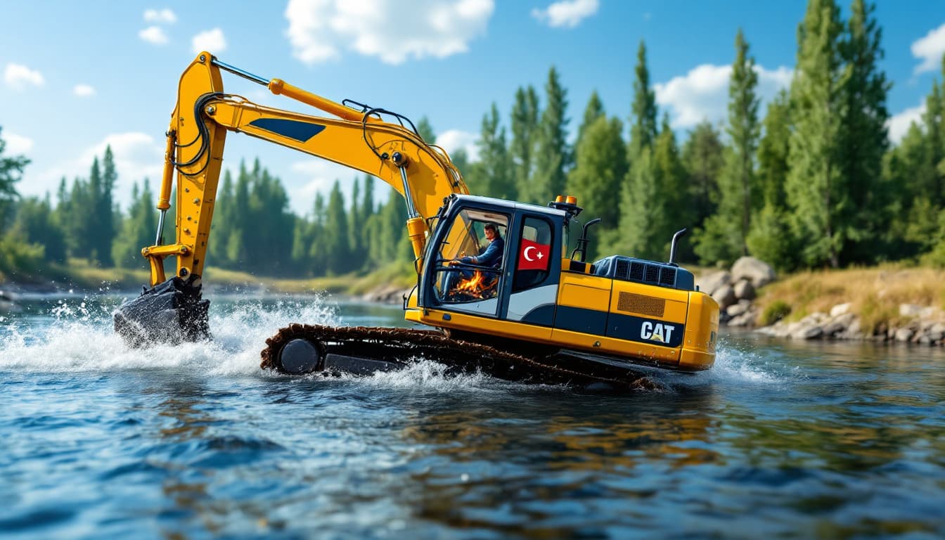 AI generated: yellow crawler excavator sinking in river about to capsize, blue sky and tall bushes on other bank, ...