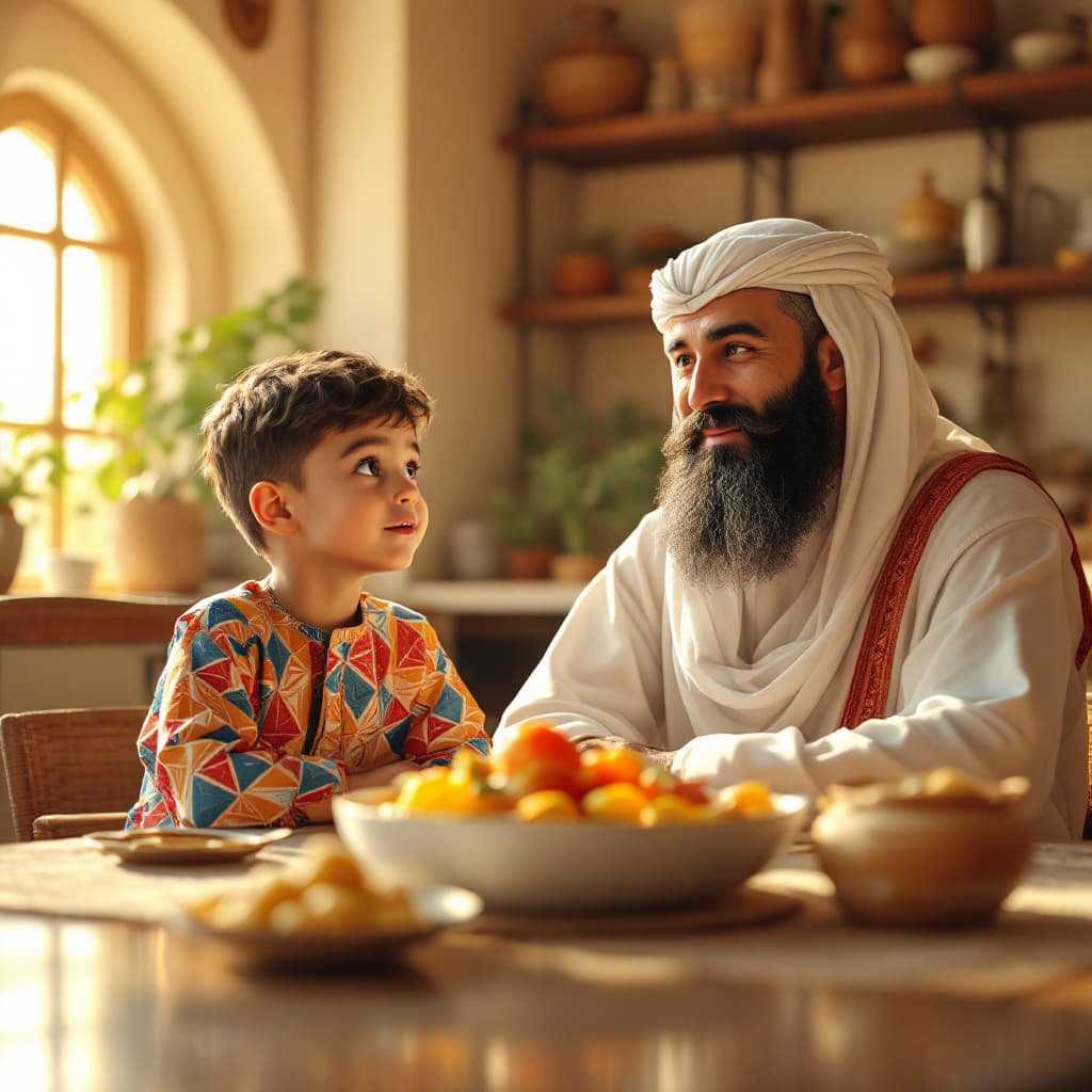 AI generated:  5-year-old Muslim boy dressed in colorful qamis with symmetrical, well-aligned eyes, looking straig...
