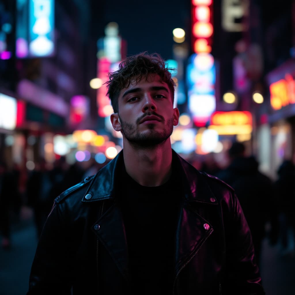 AI generated: A young man with a light beard, wearing a black leather jacket, standing in the middle of a New York...