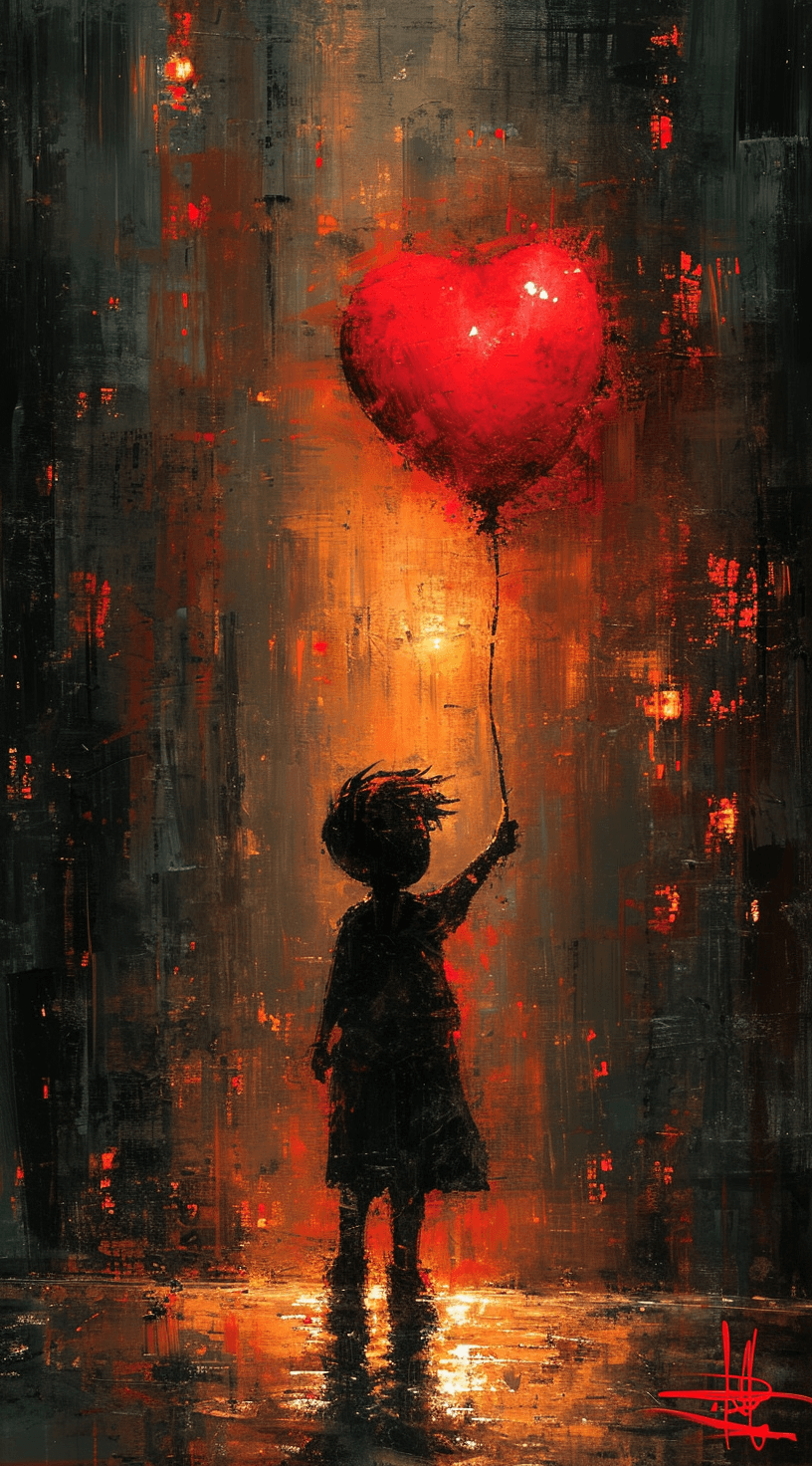 AI generated: a poster depicts a boy holding a heart shaped balloon, in the style of sketchfab, poodlepunk, warm t...