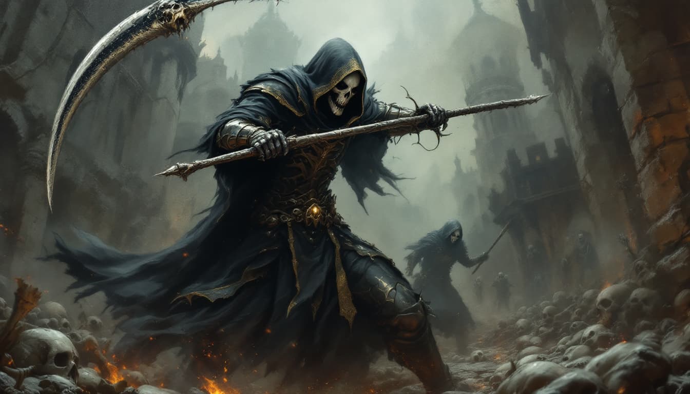 AI generated: painting in the style of a dark fantasy artist of the grim reaper fighting in full plate armor, swin...