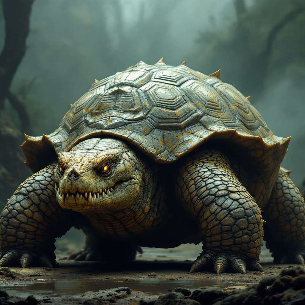 AI generated: A mighty and ancient creature, a turtle with the appearance of a crocodile. Its body is covered in h...