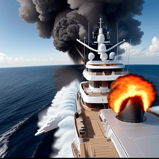AI generated: ultra-modern yacht, photo-realistic, birds eye view 100 feet above and to side, hell-port on deck, h...