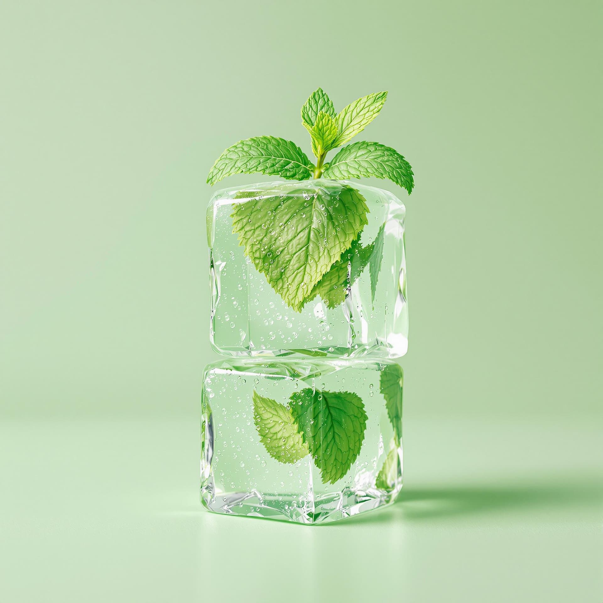 AI generated: The image features a stack of three green ice cubes, each with a mint leaf frozen inside, set agains...