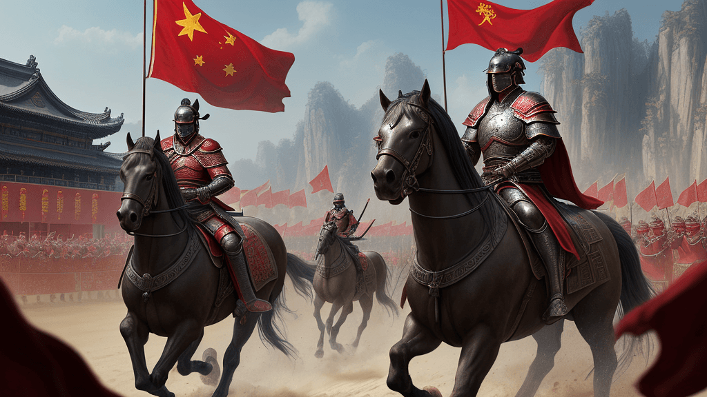 AI generated: Super realistic CG rendering ancient China, in the distance to see the general riding a horse follow...