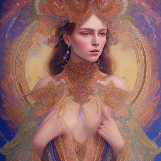 AI generated: high resolution 8k, Erté + Mucha master painter, Byzantine artwork, 
young lady close up face, compl...