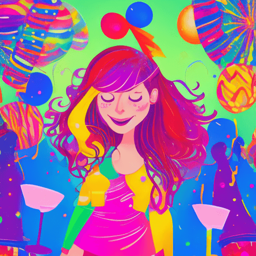 AI generated: Create an illustration featuring a girl at a party. The background should be vibrant and lively, wit...