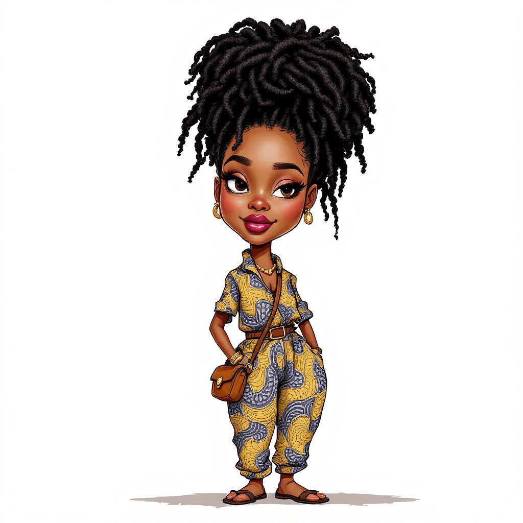 AI generated: Caricature of African American woman medium brown skin, wearing voluminous locs pulled up in a neat ...