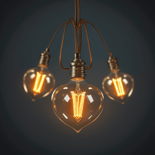 AI generated: “An artistic display of heart-shaped Edison-style filament bulbs hang from cords and glow warmly in ...