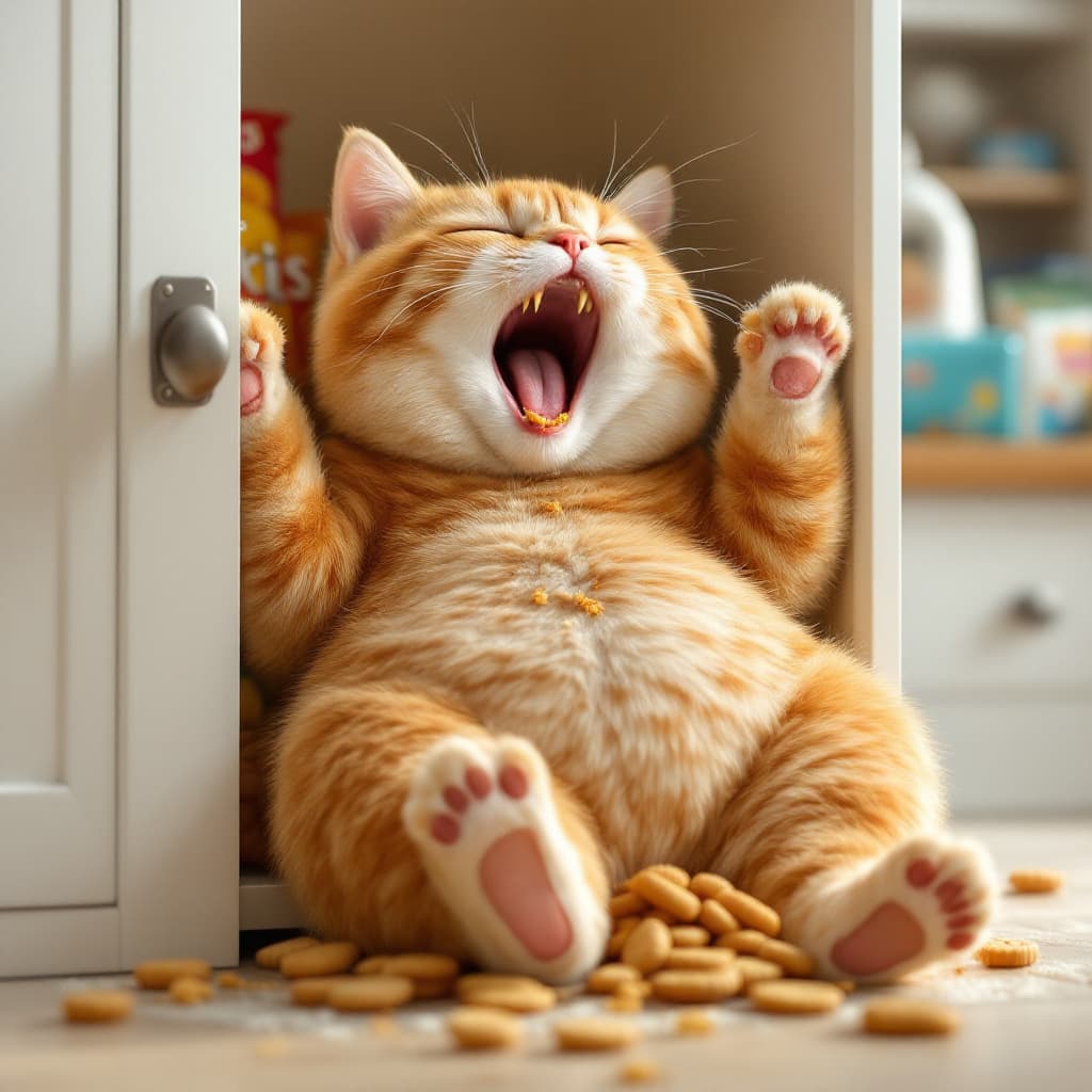 AI generated: An anthropomorphic fat short-haired orange cat sits in a white cabinet, leaning on a pile of open sn...