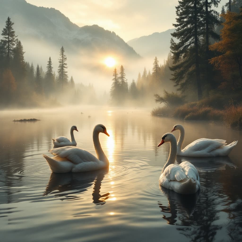AI generated: ducks and swans in a lake, mist, golden hour light falling on trees, morning, mist on the river, gol...