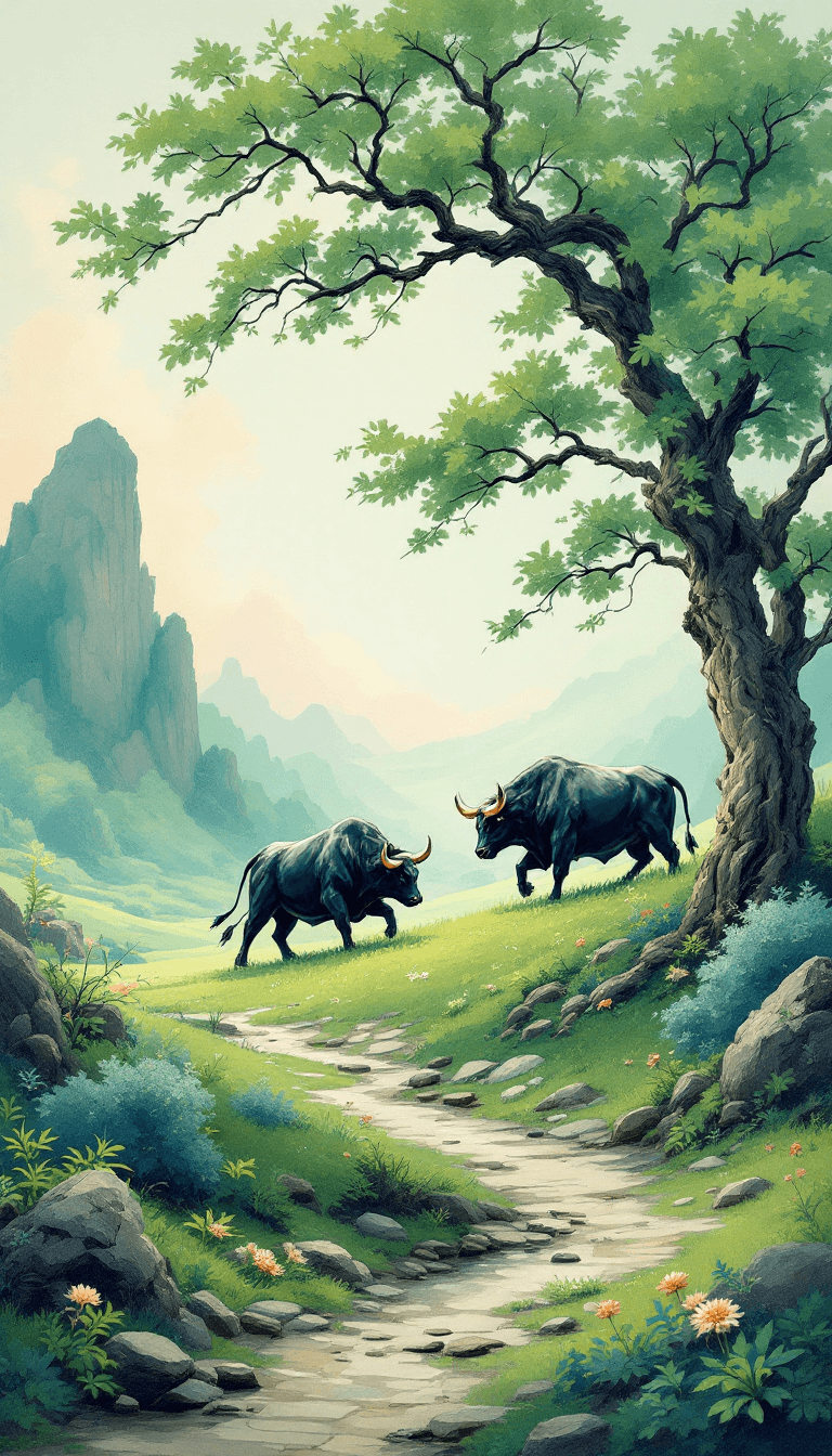 AI generated: a green landscape, black fighting bull painting pastel colors, 16k, -ar 9:16 - - style 750 - -v 6.0 ...