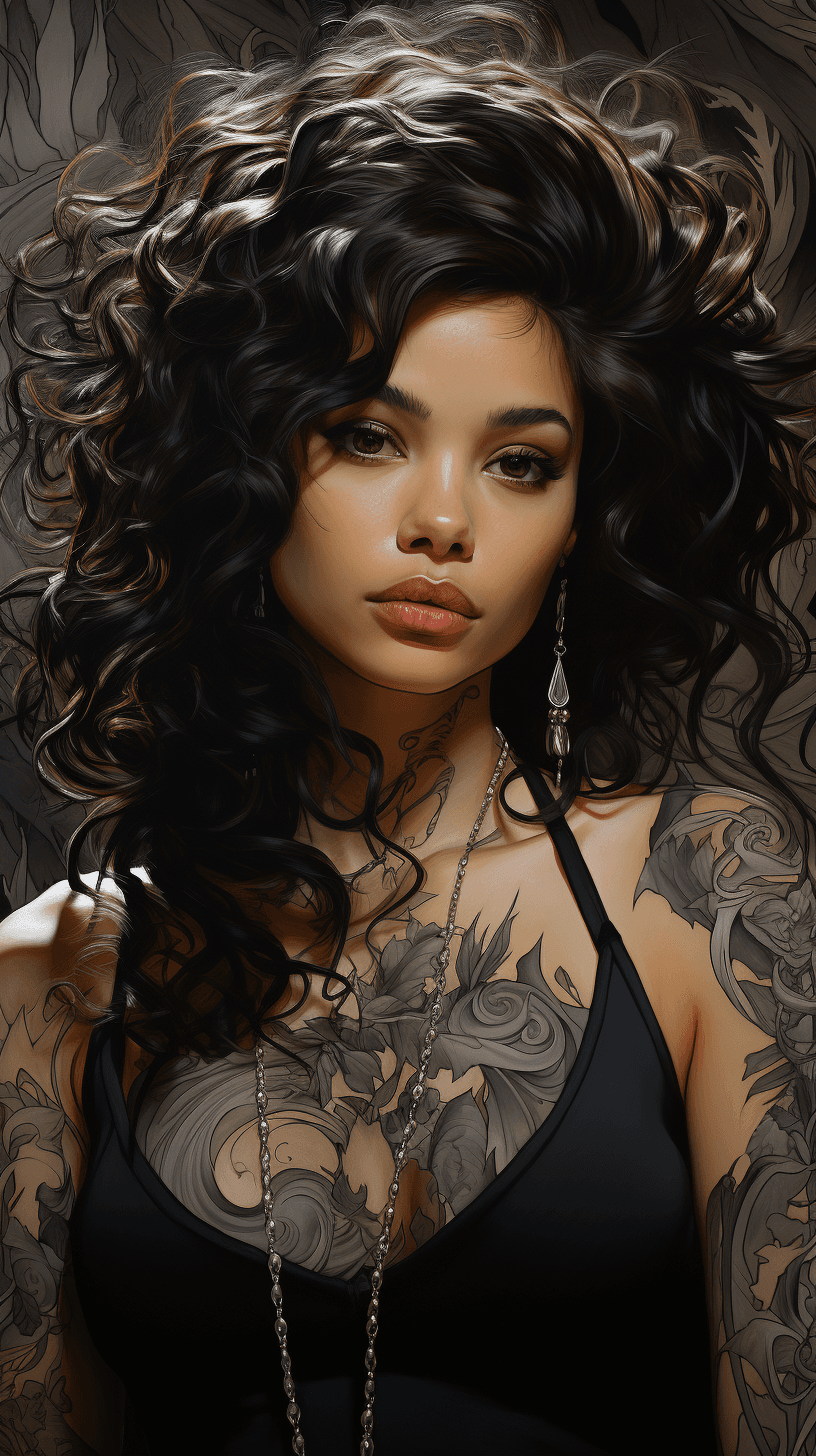 AI generated: a black tattooed woman in , with hand on her shoulder, in the style of hauntingly beautiful illustra...