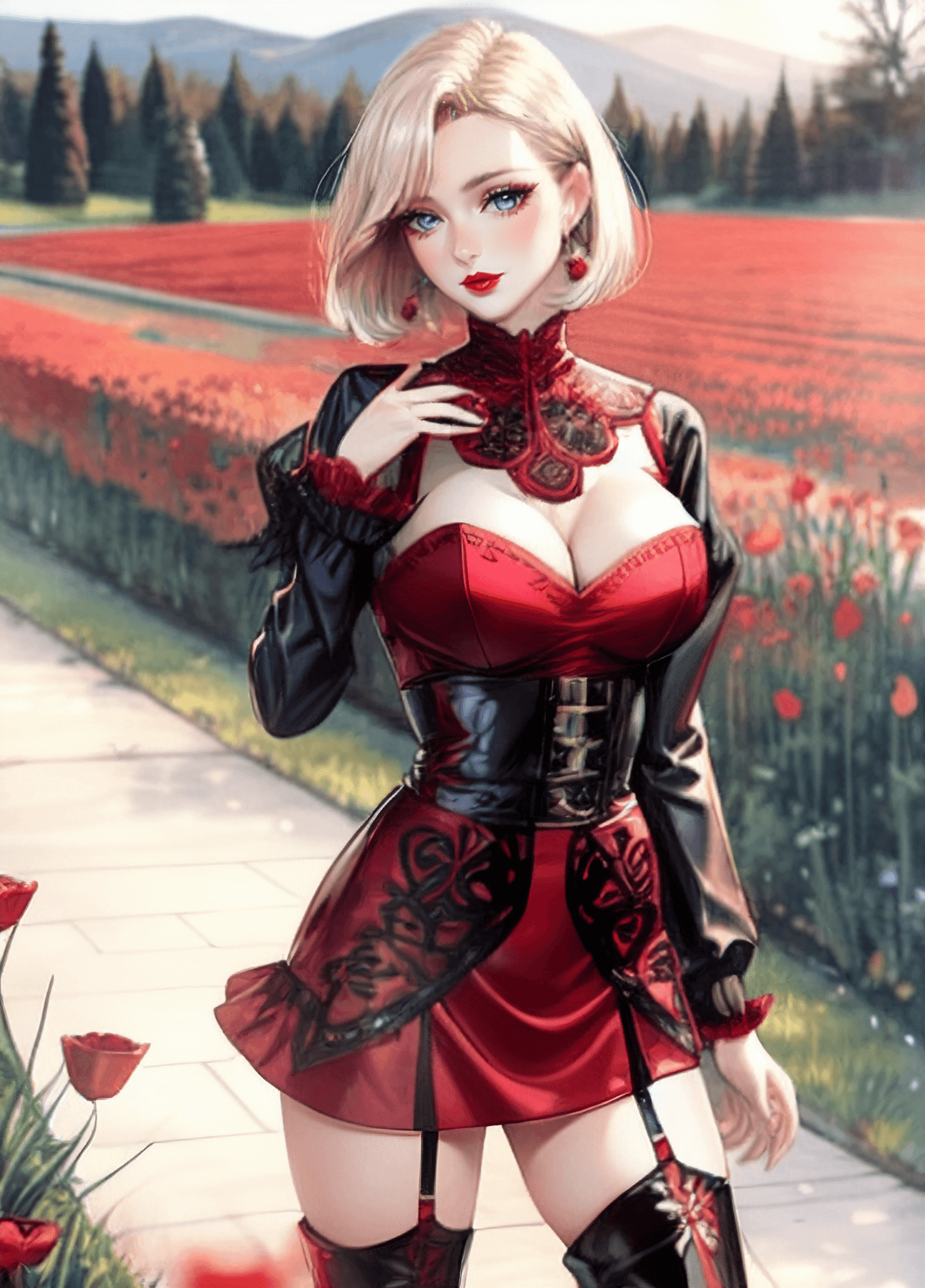 AI generated: An stunning beautiful young woman aged mid-20's with short fashionable blonde hair, with medium brea...