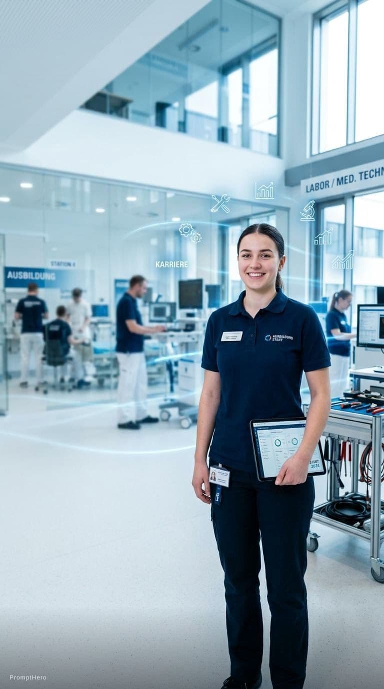AI generated: A professional website hero image showing a young trainee standing in front of a modern German workp...