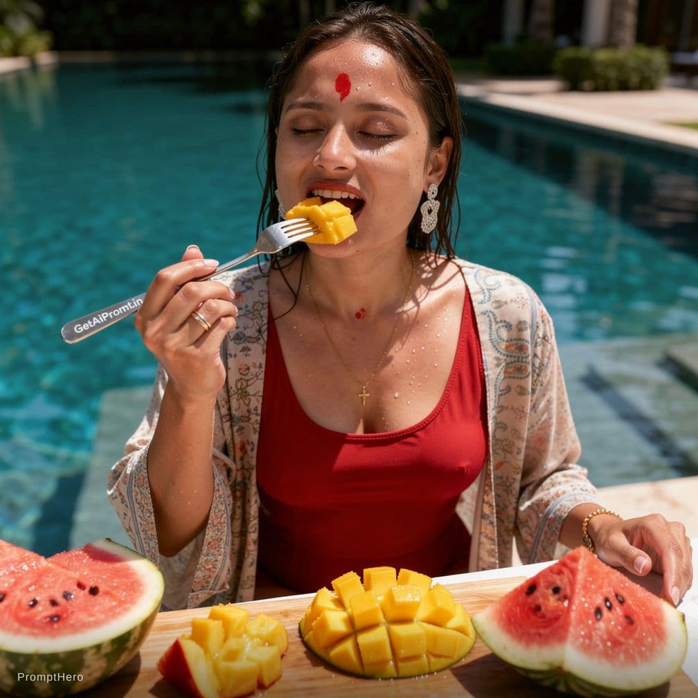 AI generated: sensory-rich close-up shot of an Indian woman poolside, [same 100% identical face uploaded], [SKIN_T...