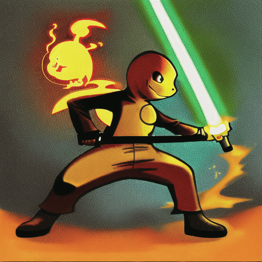 AI generated: Charmander wielding a lightsaber, anime style