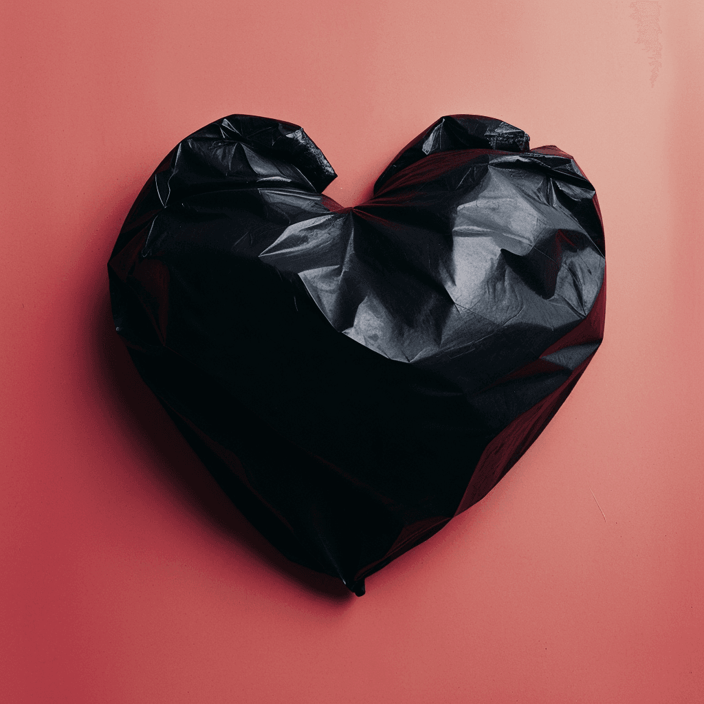 AI generated: A photograph of a black garbage bag shaped in an even simpler, more abstract form of an anatomical h...