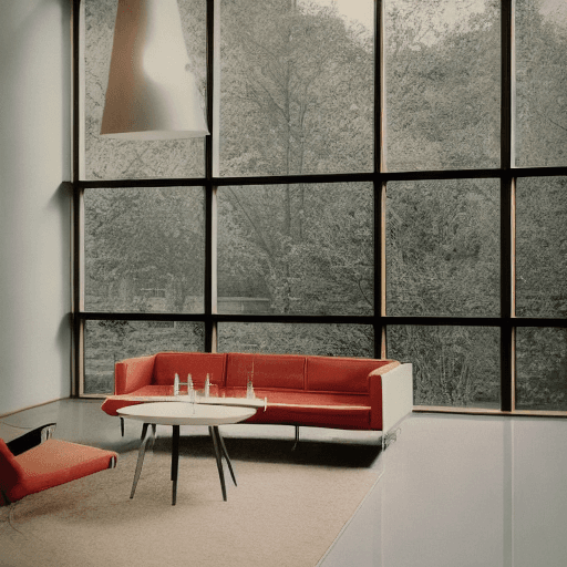 AI generated: Hyper realistic eye level exterior photo of a mid century modern heavy metal daylight, indirect ligh...