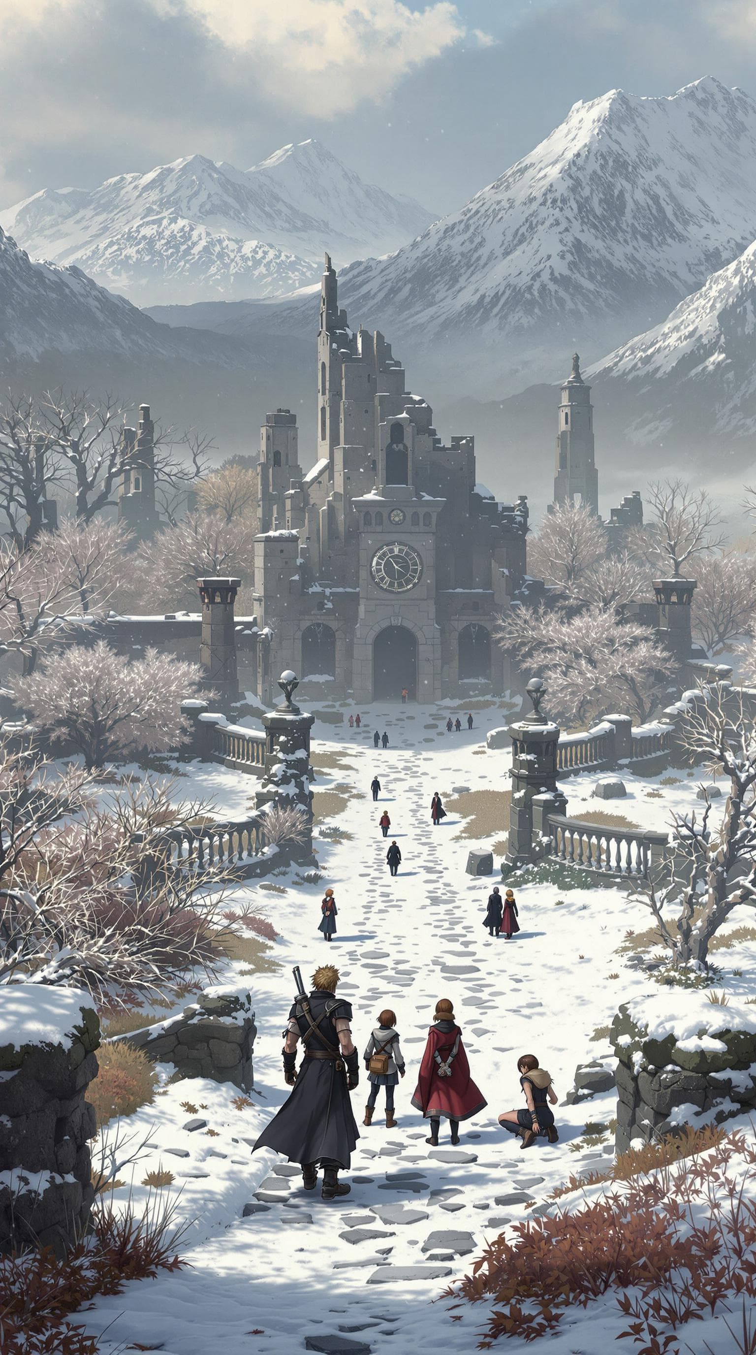AI generated: Vista panorámica hiperrealista de Trabia Garden en Final Fantasy VIII, con los personajes principale...