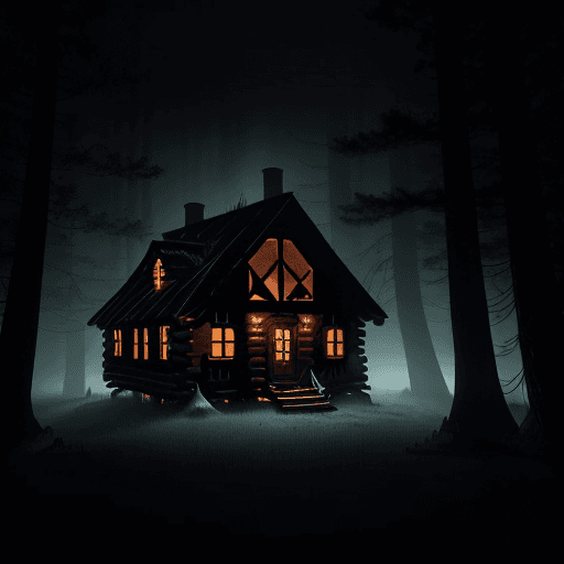 AI generated: Imagine, detail and create a digital scene of the cabin located in the heart of the dark forest. The...