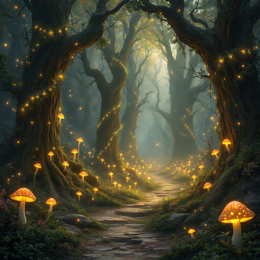 AI generated: A mysterious enchanted forest hidden in the heart of an ancient valley, towering trees with biolumin...