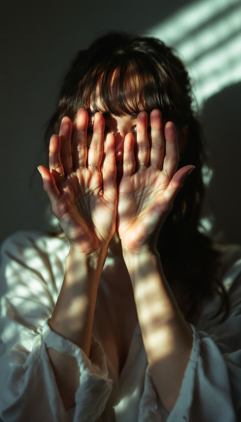 AI generated: woman standing with her hands in front of her eyes palms facing towards the viewer, cinematic lighti...