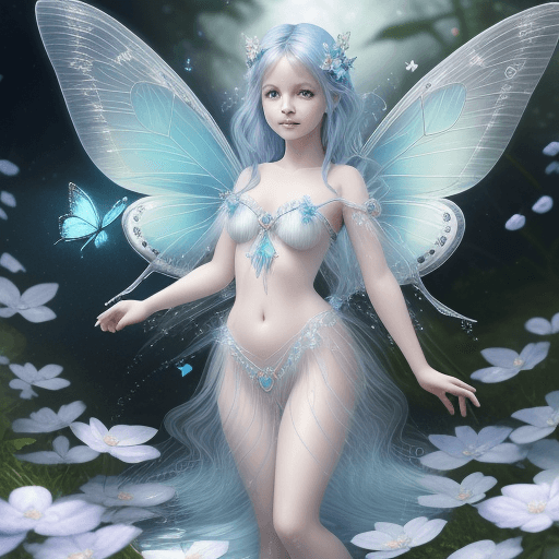 AI generated: A whimsical fairy with blue butterfly wings. Flowing, shiny, pearly, detailed clothing, with delicat...