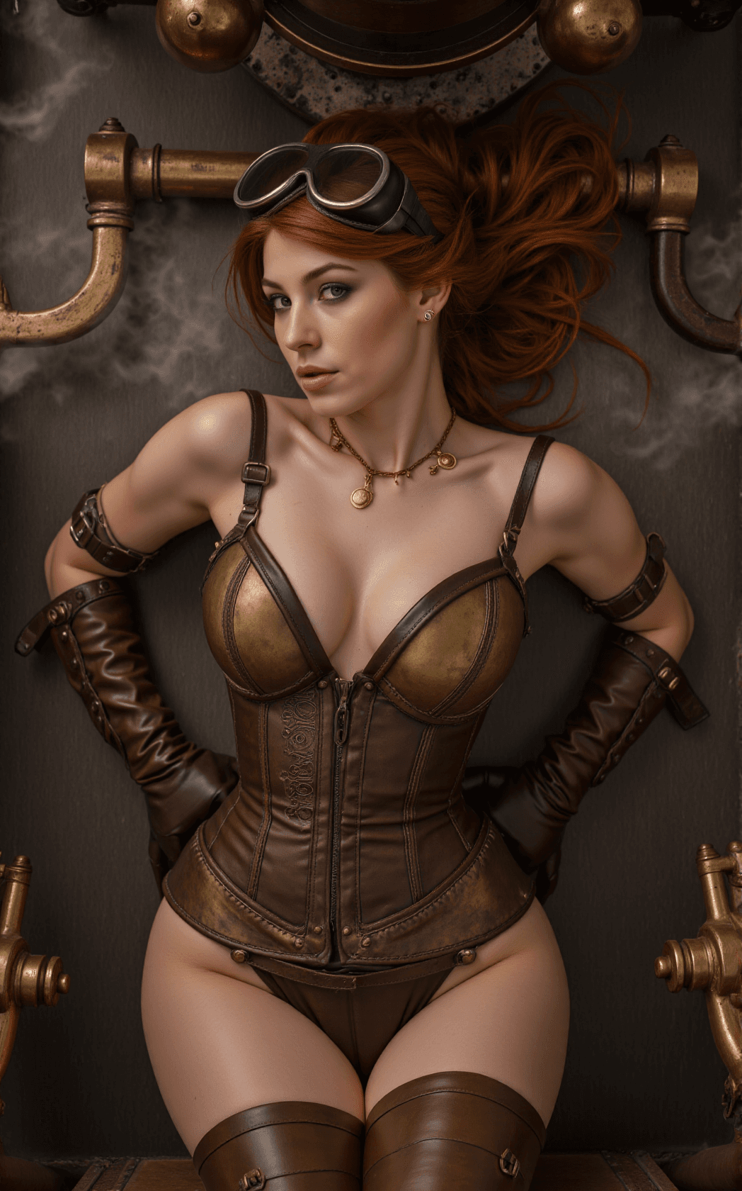 AI generated: photograph from above, a striking young female lying at the heart of a dirigible deck, framed by cur...