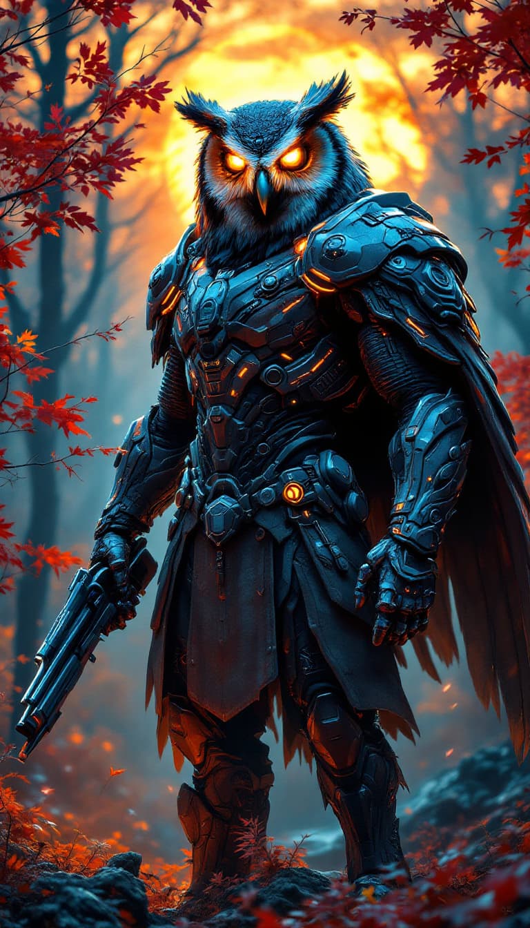 AI generated: (masterpiece, ultra-detailed, digital render, epic), a owl.a man warrior stands tall, wearing a slee...