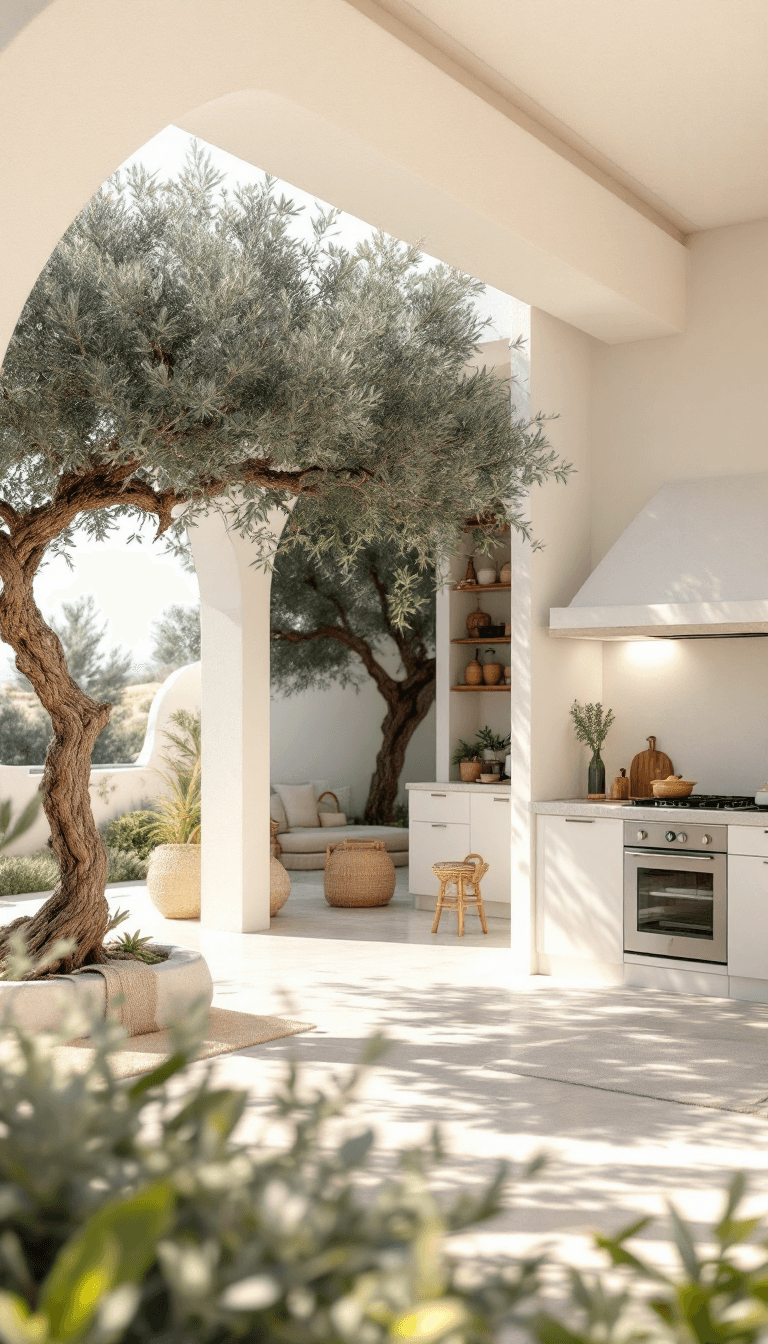 AI generated: photo of a gorgeous sunlit outdoor kitchen in Ibiza style, Spanish finca, Ibiza, big olive tree, sum...