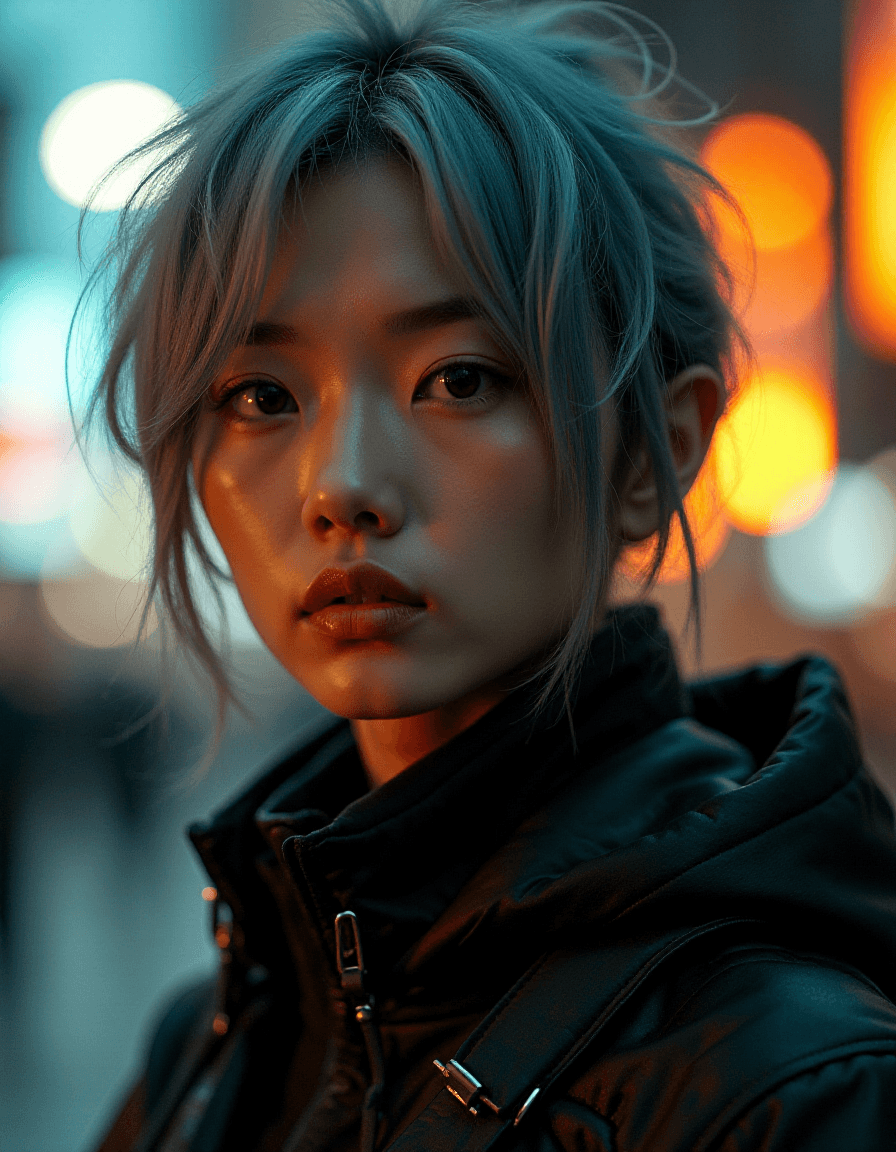 AI generated: Best quality, Raw photo, face portrait, a young asian woman with fiery Steel gray hair hair, with Ne...