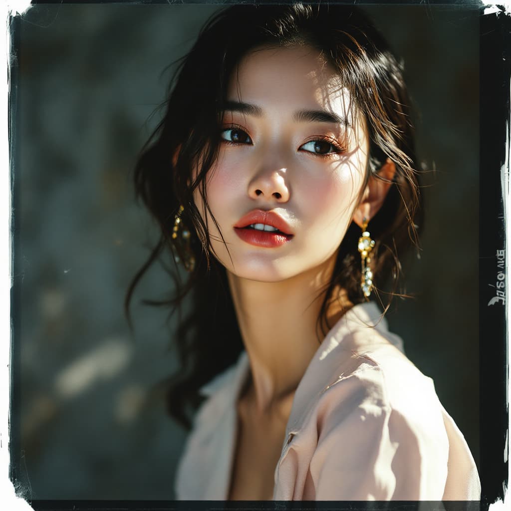AI generated: A hyper-realistic, lifelike Polaroid proof of an Asian female model for a fashion shoot. She is capt...