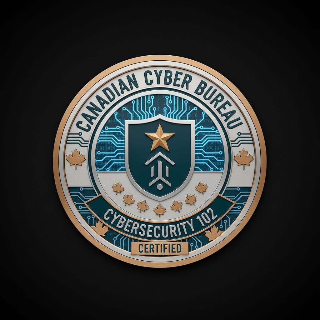 AI generated: Create a professional badge that signifies a qualification from a Canadian bureau, over cybersecurit...