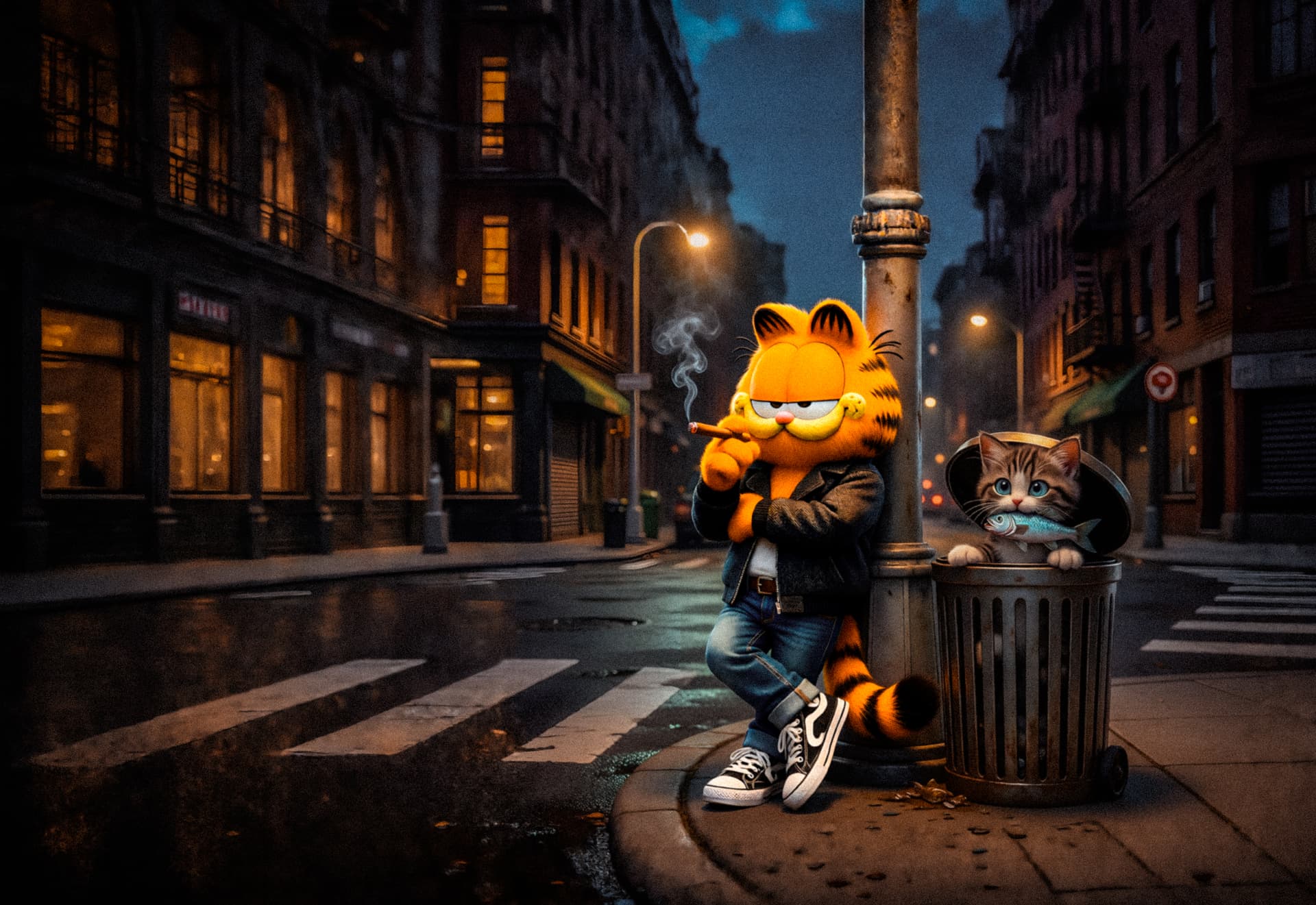 AI generated: 3d  cartoon,  Garfield em pose humana, em pé, com pernas cruzadas , usando tenis branco e preto, pêl...