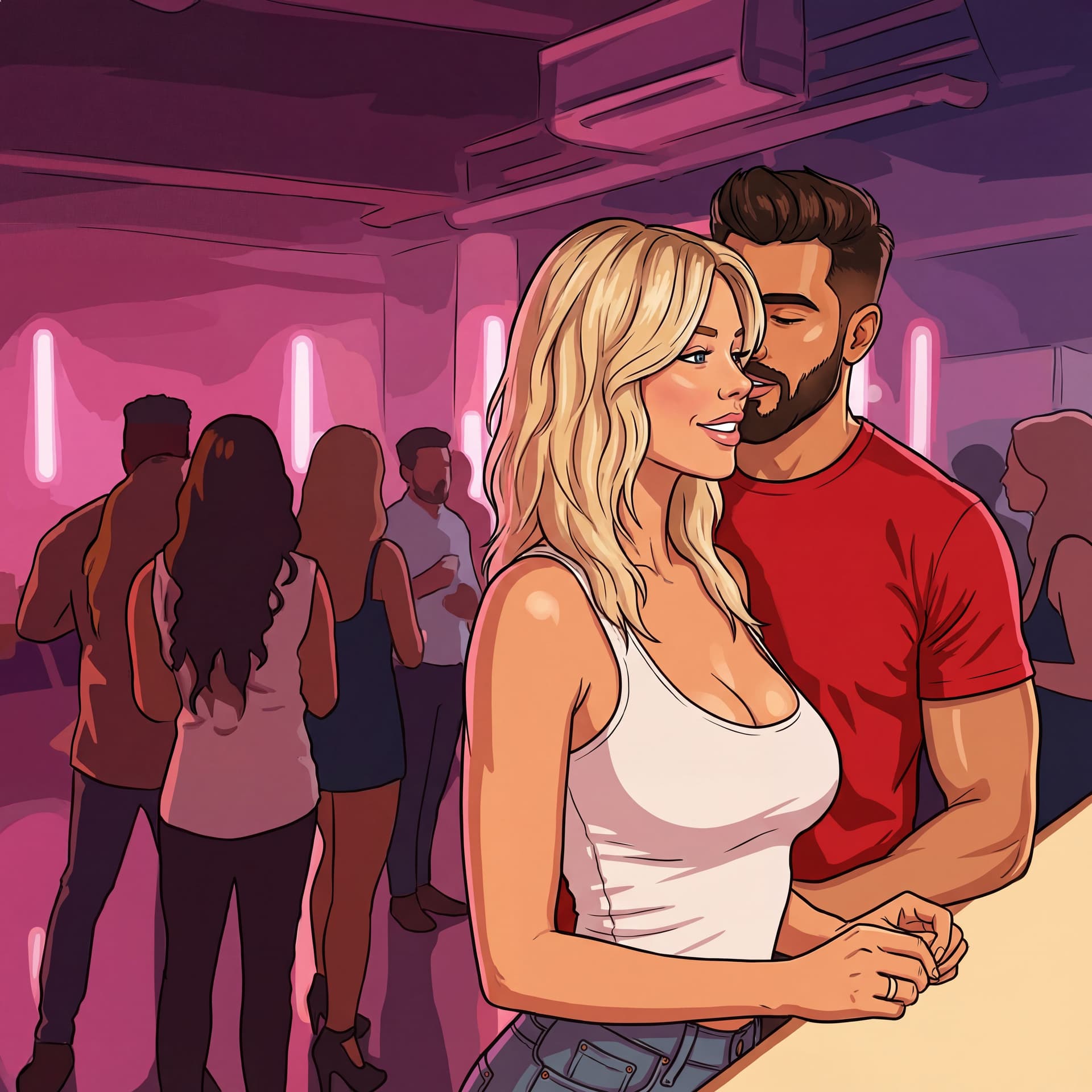 AI generated: Use reference models talking intimately. Cartoon realistic style
