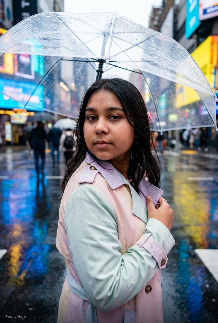 AI generated: A stylish young Caucasian ultra cutest woman in a modern pastel trench coat, crossing a rain-slicked...