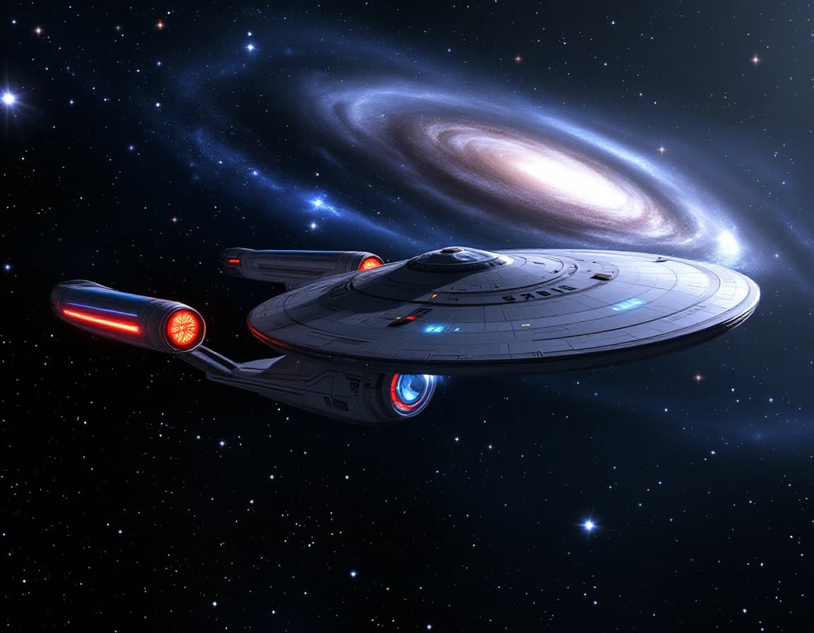 AI generated: enterprise ncc-1701D twin engine starship in starry space against background of Andromeda Galaxy, ph...