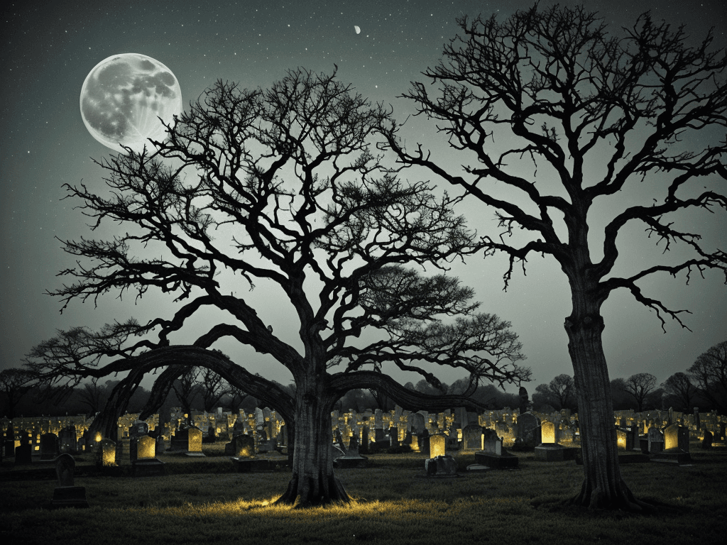 AI generated: The image depicts a hauntingly beautiful graveyard scene at night, with a full moon casting an eerie...