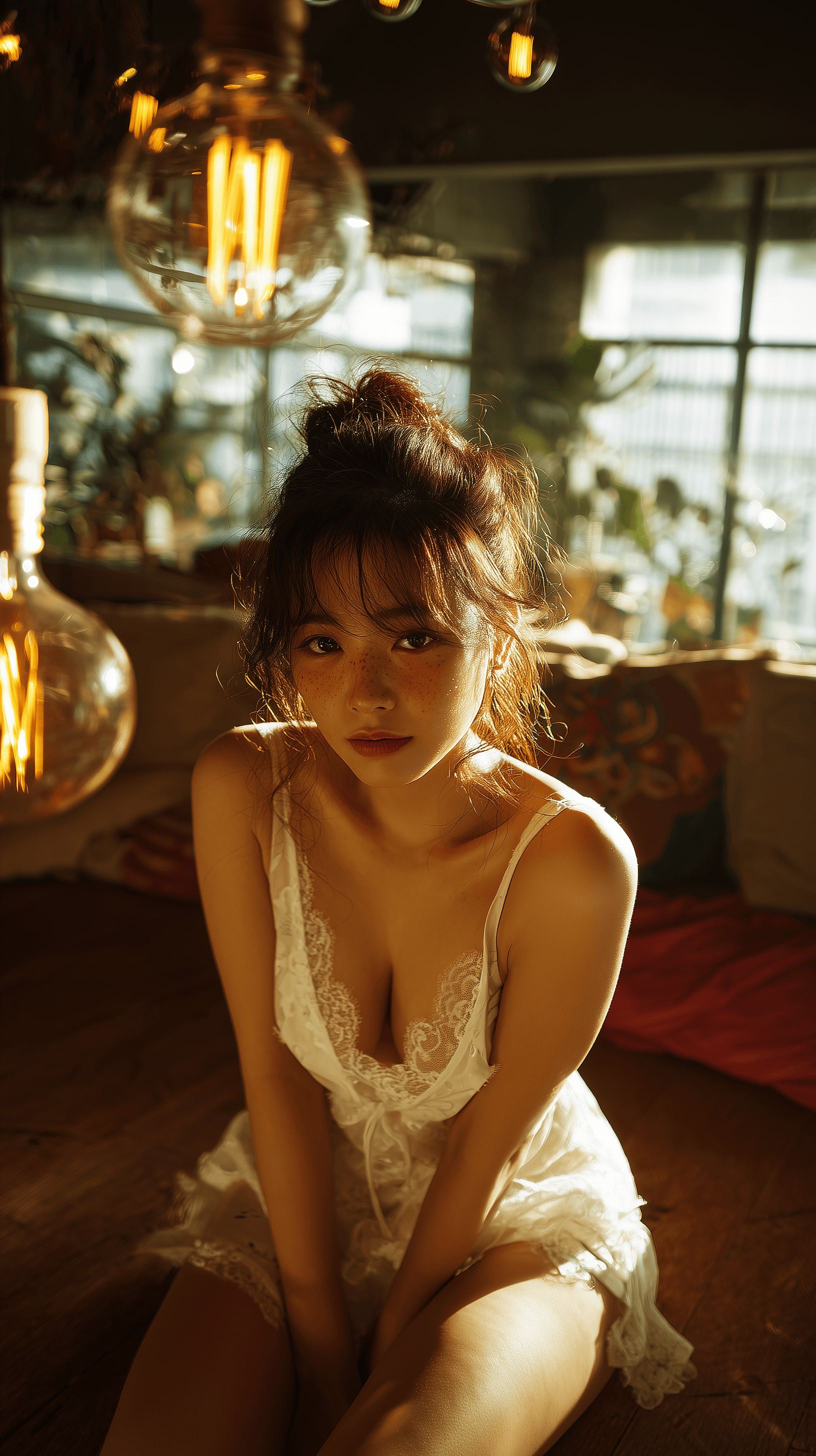 AI generated: A 8K photo of a beautiful young Korean woman with wavy brunette hair tied loosely in a bun, sitting ...