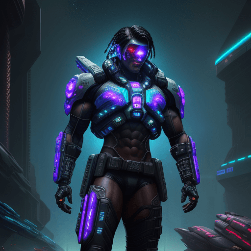 AI generated: body builder| futuristic western| detailed space bounty hunter attire| plasma revolver| cybernetic e...