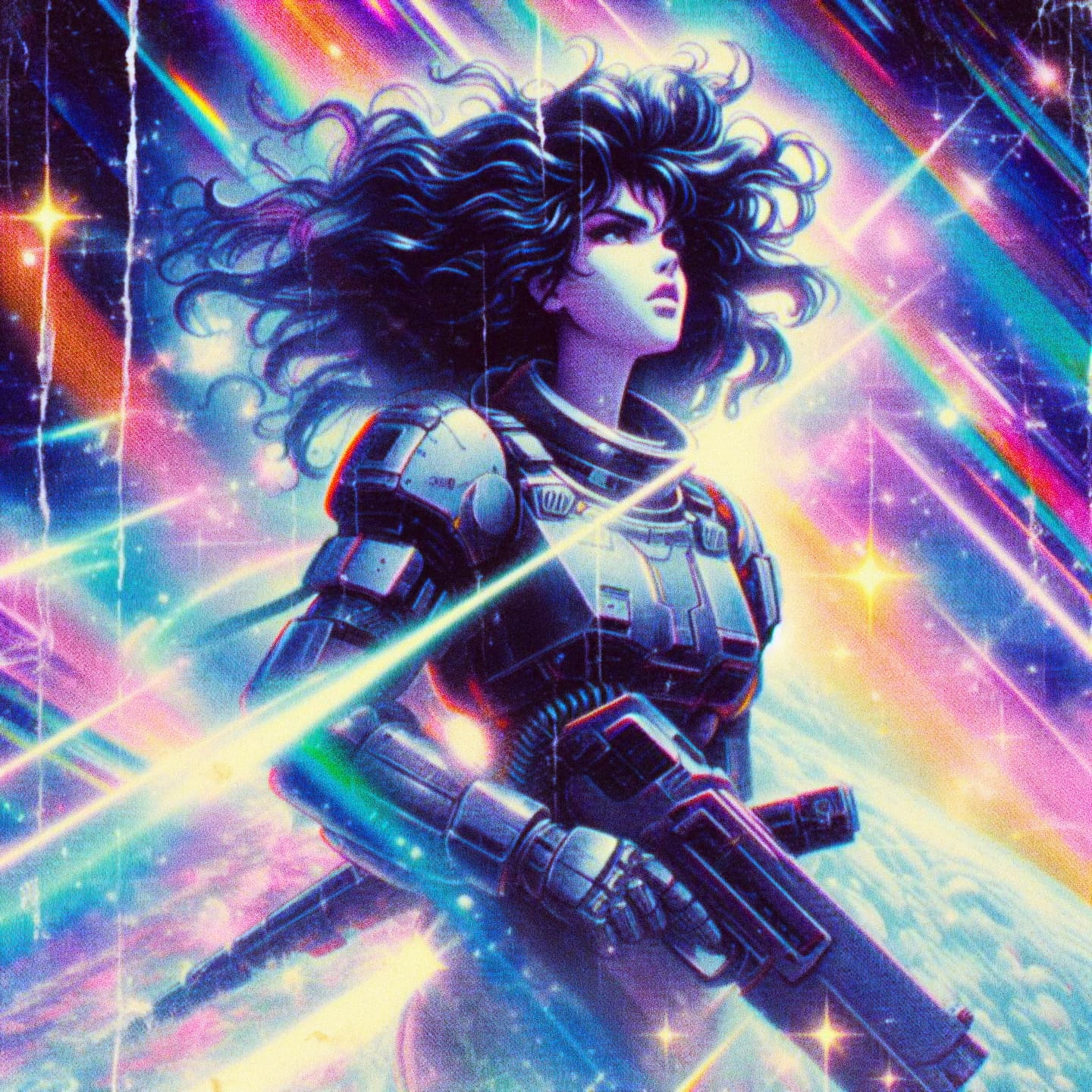 AI generated: Really old vhs reproduction of a 80’s sci fi anime, A brave female  pilot got lost and it’s floating...