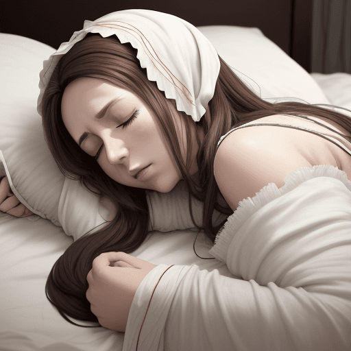 AI generated: a  anime scene of a dead  mom in a bed closed eyes  brown hair wearing shabby white traditonal berbe...