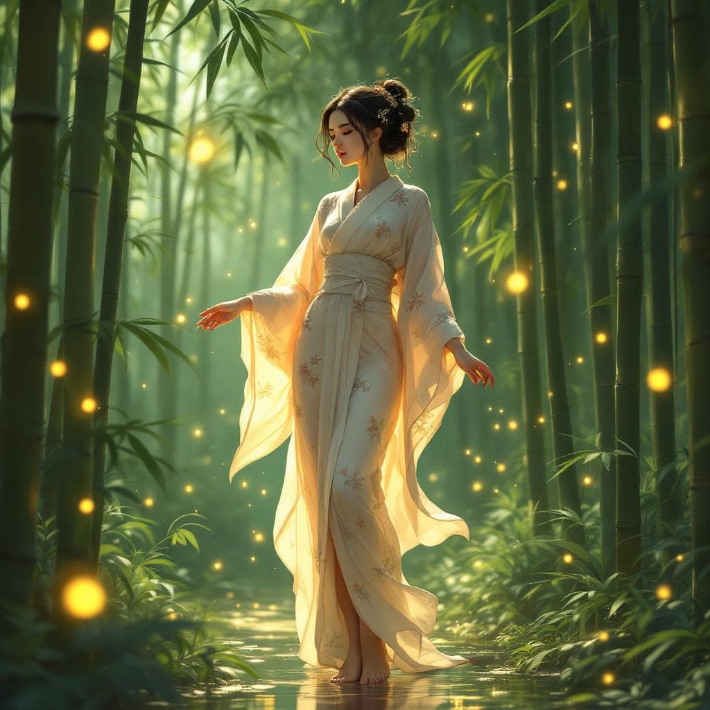 AI generated: Full body view Elegant anime woman in a flowing kimono, barefoot (((show foot)) standing in a bamboo...