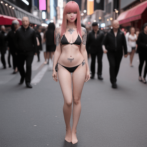 AI generated: young woman with bangs, long pink hair wearing black micro bikini stands on a crowded street in New ...