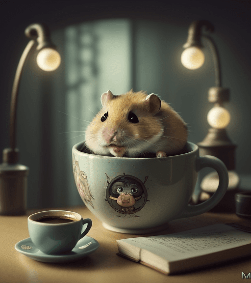 AI generated: a tired and sleepy hamster who is tired and slightly grumpy, is drinking a cup of coffee in an attem...