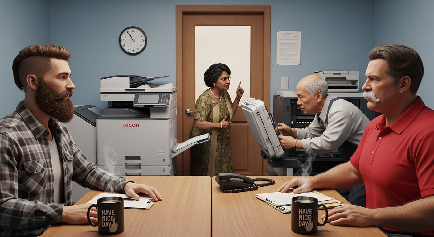 AI generated: Generate a realistic lifelike image of a small office, there are two corner desks opposite each othe...