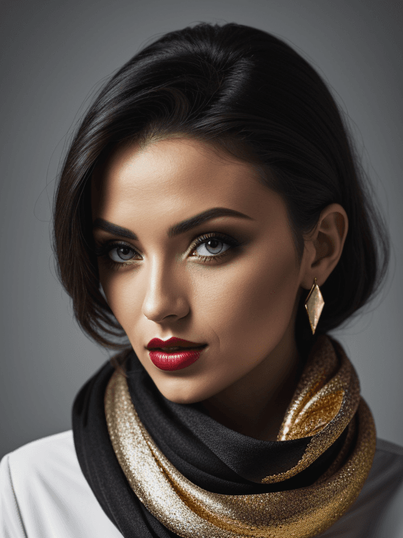 AI generated: breathtaking portrait of a gorgeous girl,sultry,red scarf,dark gold and black,gossamer fabrics,jagge...